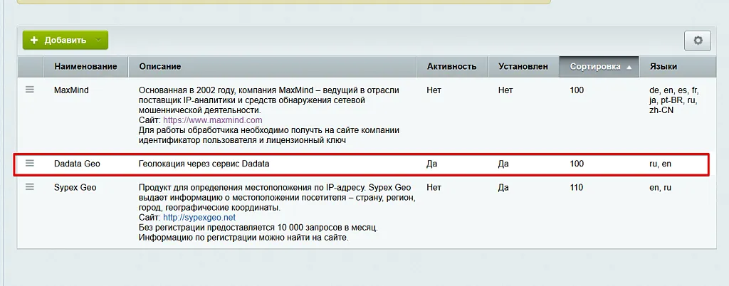 Обработчик геолокации Dadata